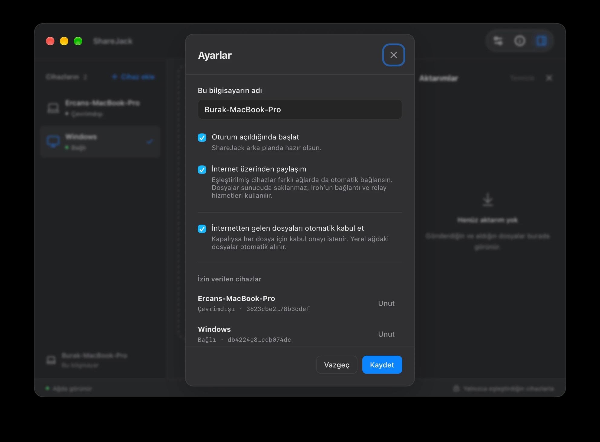 ShareJack settings for startup, internet sharing, incoming file approval, and allowed devices.